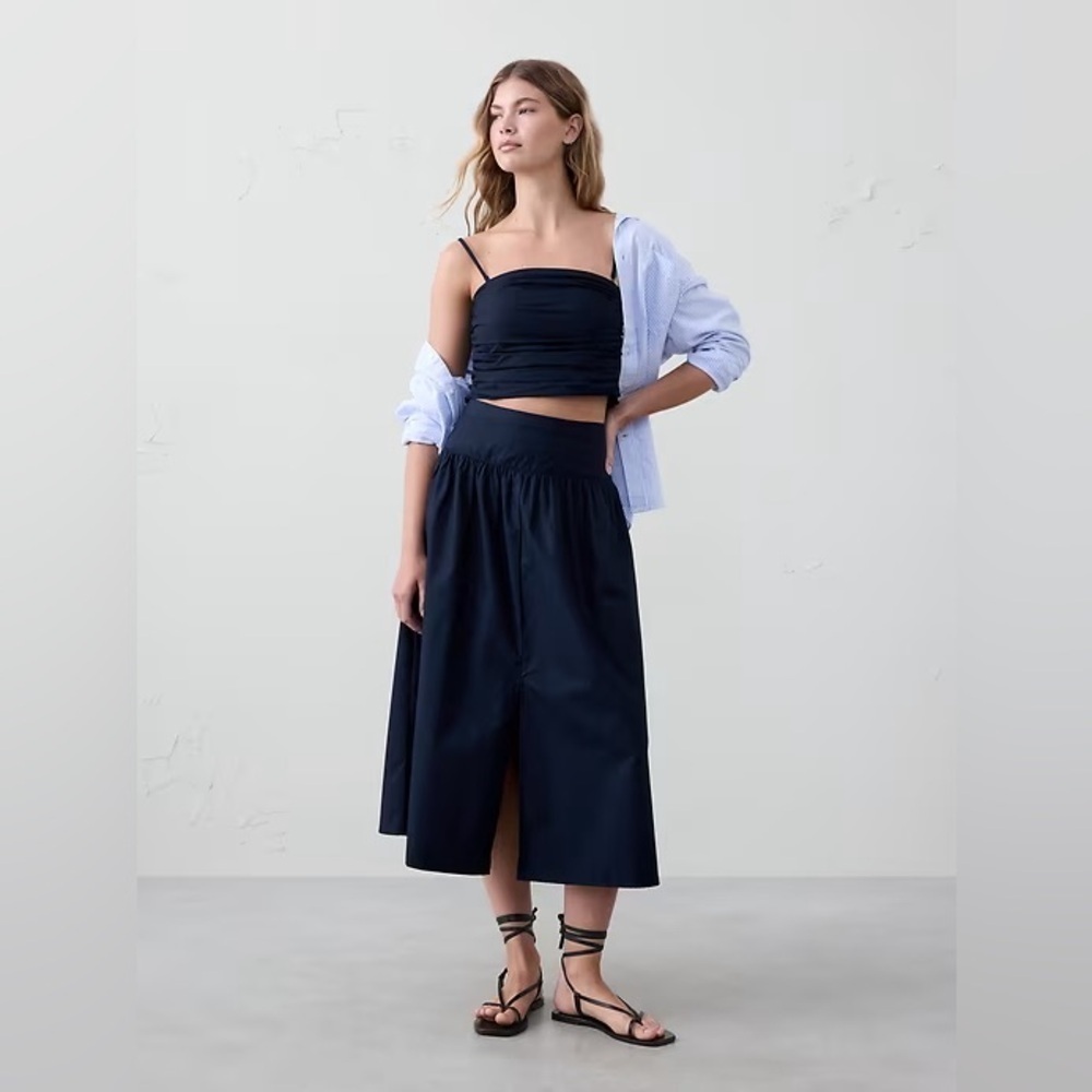 NWT! Banana Republic Preppy Navy Poplin Dropped-Waist Maxi Skirt 771617 🗺️1️⃣